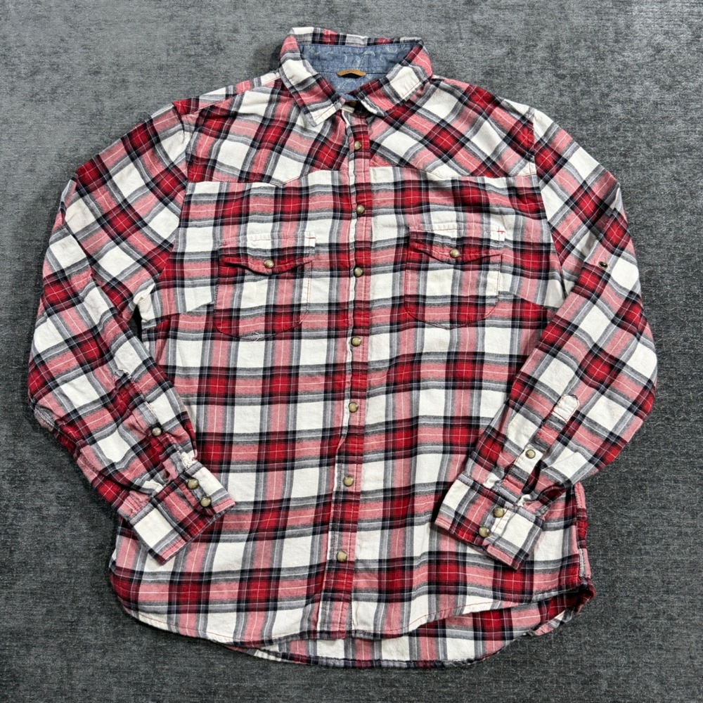 Jacks Girlfriend Red White Plaid Flannel Western Snap Shirt Size Large